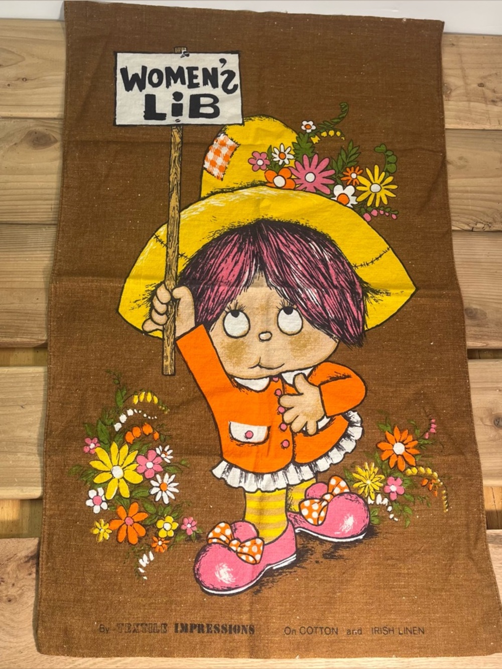 Vintage Women's Lib Tea Towel Brown Cotton & Linen Made In Ireland Collectable